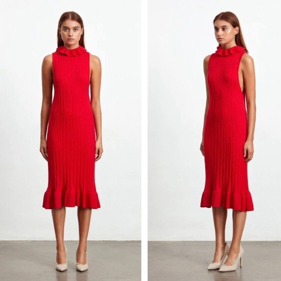 Elliatt Pomodoro Sleeveless Sweater Dress Red Medium Turtleneck Ruffle Hem - Picture 1 of 11